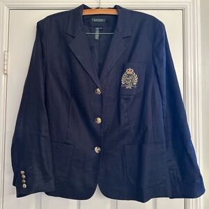 Lauren Ralph Lauren 100% Linen Navy Gold Button Crest Emblem Bolero Blazer 22W